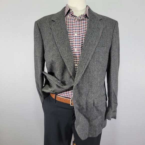 VTG Town Craft Men's Tweed Sport Coat‎ Blazer Two Button Gray Herringbone 44R